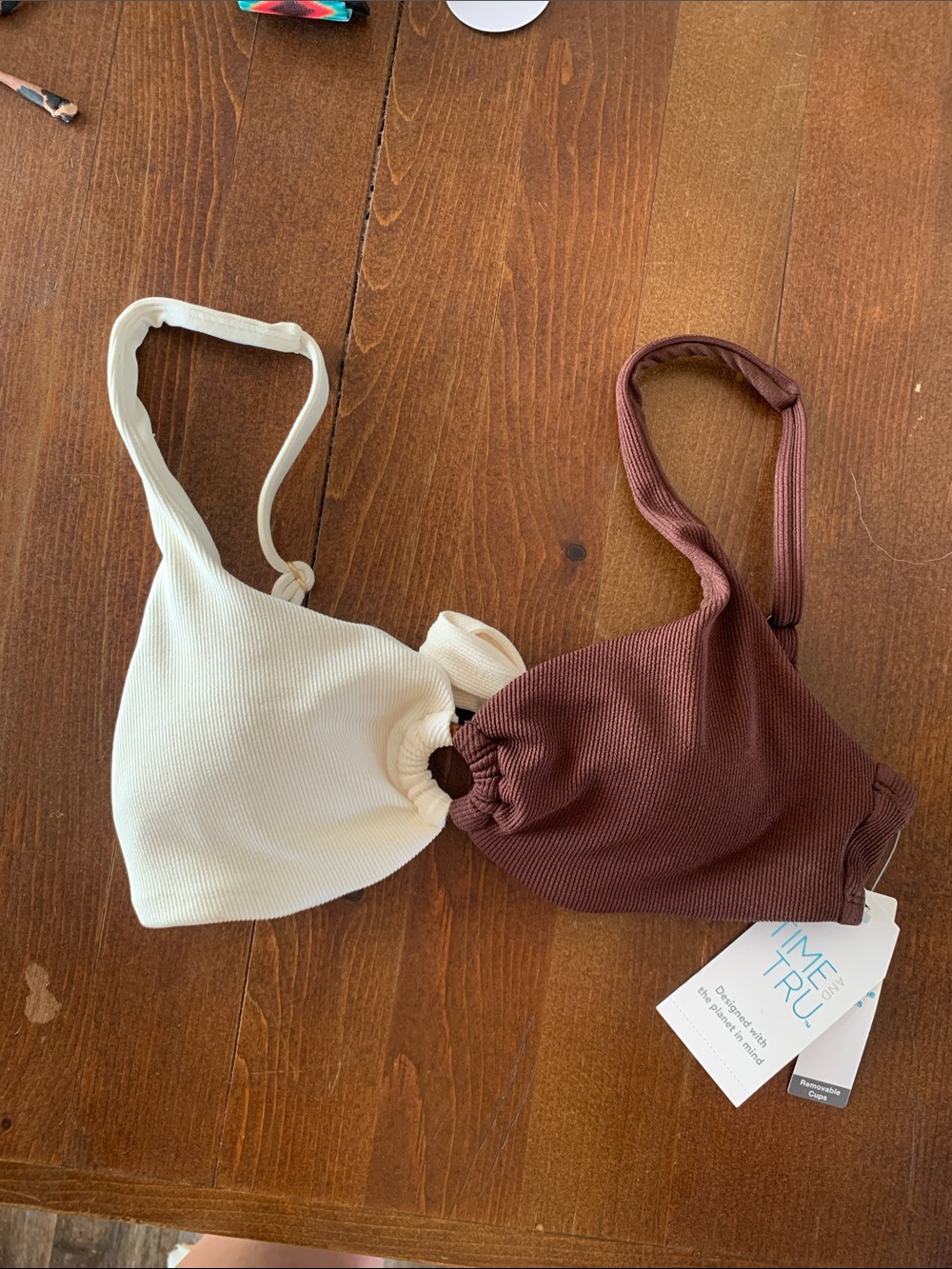 Time and Tru Two-Tone Ring Detail Bikini Top in Cream and Brown